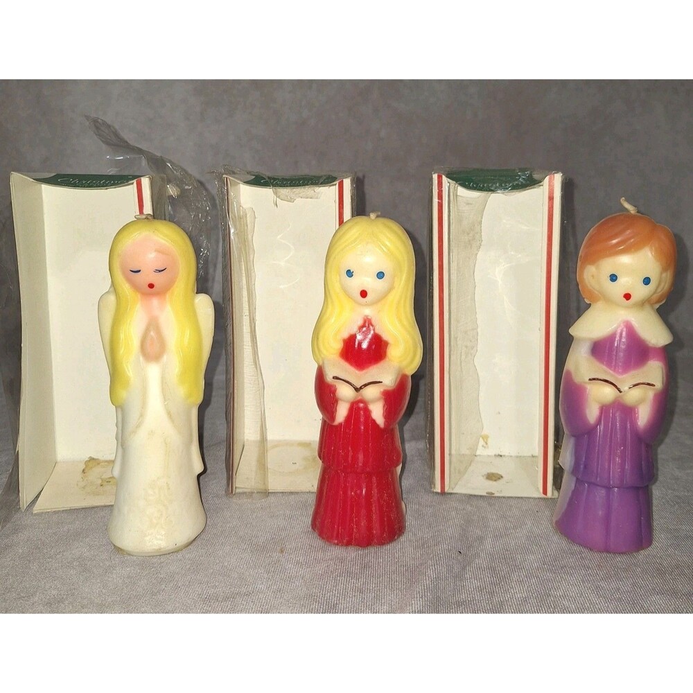 3 Vtg Gurley Christmas Candles 8" Tall Choir Girls & Angel